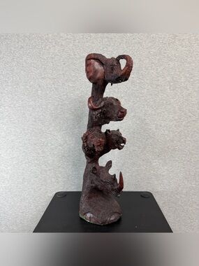 Vintage African Big 5 Animal Totem Wood Carving Elephant Lion Rhino Buffalo Art